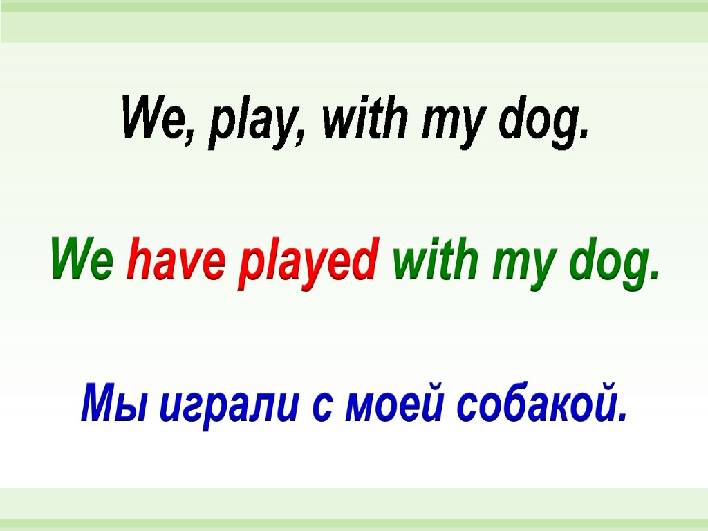 We have played with my dog. We, play, with my dog. Мы играли с